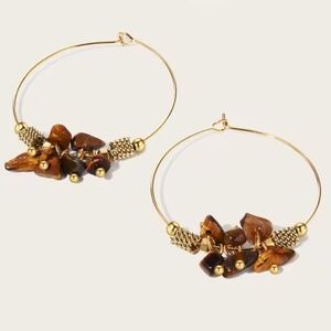 New 18K Gold-Plated Tiger’s Eye Hoop Earrings